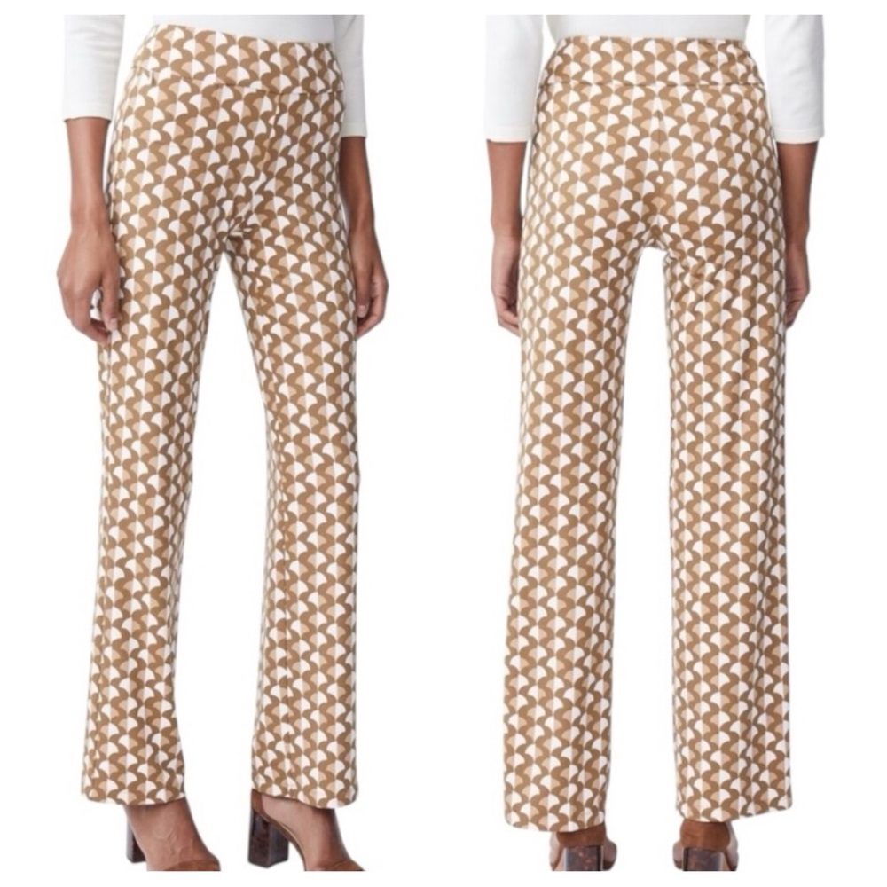 J. McLaughlin Geometric Print Jersey Knit Flared Pants in Carnivale Tan | L